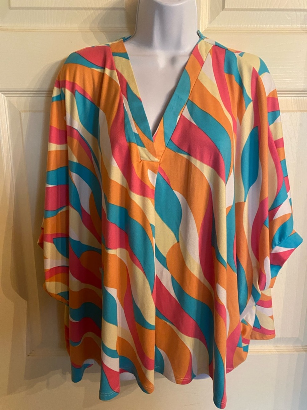 mittoshop Multicolor Wave Print V-Neck Blouse — Turquoise, Coral, Mustard, Cream